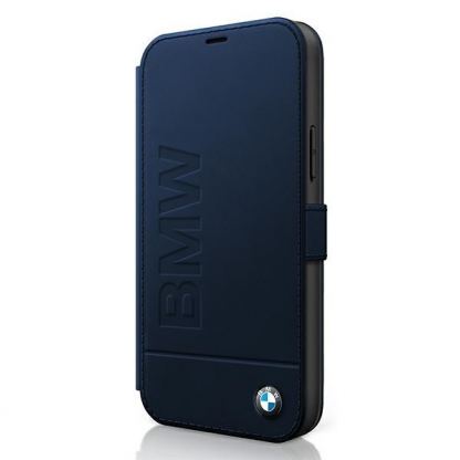 BMW Signature Logo Booktype Leather Case - дизайнерски кожен калъф (естествена кожа), тип портфейл за iPhone 12 Pro Max (тъмносин)