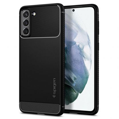 Spigen Rugged Armor Case - тънък качествен силиконов (TPU) калъф за Samsung Galaxy S21 (черен)