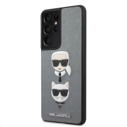 Karl Lagerfeld Saffiano Karl & Choupette Heads Case - дизайнерски кожен кейс за Samsung Galaxy S21 Ultra (сребрист) 