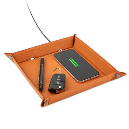 4smarts Pocket Tray Organizer, 15W - настолен органайзер с поставка (пад) за безжично зареждане за Qi съвместими устройства (кафяв)