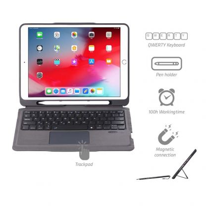 4smarts Keyboard Case Solid QWERTY with Trackpad and Pen Holder - кожен калъф с клавиатура, тъчпад и поставка за Apple Pencil за iPad 8 (2020), iPad 7 (2019) (сив)