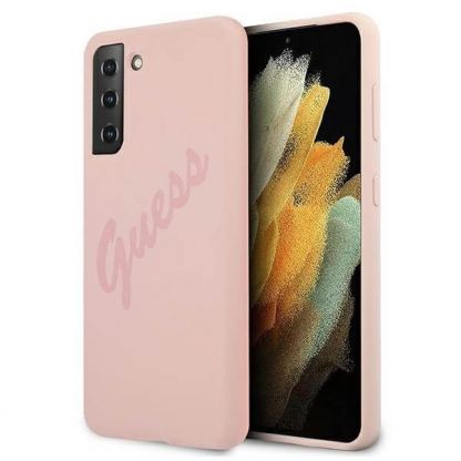 Guess Silicone Script Vintage Silicone Case - дизайнерски силиконов кейс за Samsung Galaxy S21 (розов)