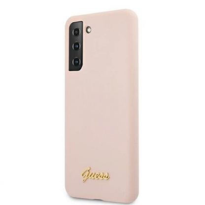 Guess Silicone Script Metal Logo Silicone Case - дизайнерски силиконов кейс за Samsung Galaxy S21 Plus (розов)