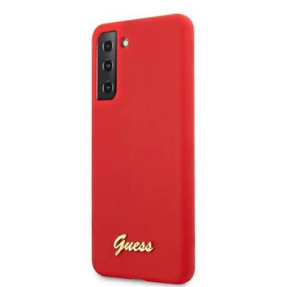 Guess Silicone Script Metal Logo Silicone Case - дизайнерски силиконов кейс за Samsung Galaxy S21 Plus (червен)