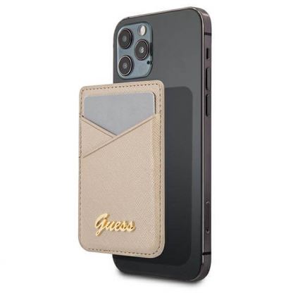 Guess Saffiano Magnetic Wallet - кожен портфейл (джоб) за прикрепяне към iPhone с MagSafe (златист)