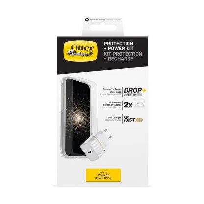 Otterbox Protection and Charger Kit - комплект удароустойчив кейс Symmetry, стъклено защитно покритие за дисплея Alpha Glass и 20W USB-C захранване за iPhone 12, iPhone 12 Pro