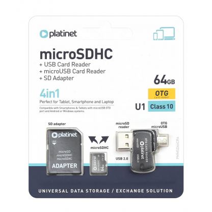 Platinet 4in1 64GB USB Flash Drive + Micro SD card + micro USB OTG Reader - micro USB четец за microSD карти и памет карта със SD адаптер (клас 10)