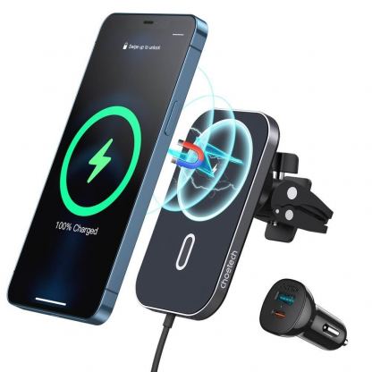 Choetech Magsafe Wireless Charger Car Kit Mount 15W with Car Charger - поставка за радиатора на кола с безжично зареждане и зарядно за кола за iPhone с Magsafe (черен)