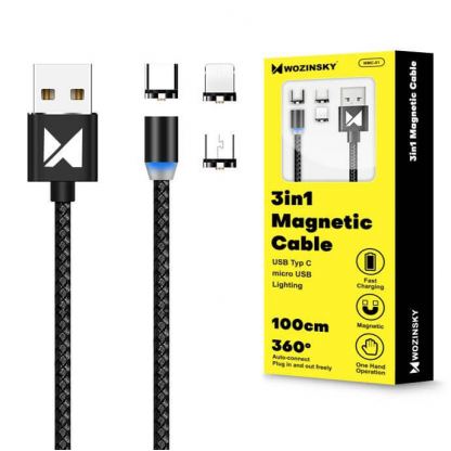 Wozinsky Magnetic Cable 3 - кабел с магнитен накрайник с USB-C, MicroUSB и Lightning конектори (черен)