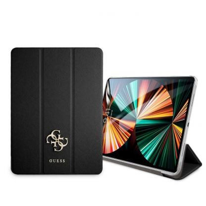 Guess Saffiano Folio Cover - дизайнерски кожен кейс и поставка за iPad Pro 12.9 M1 (2021) (черен)