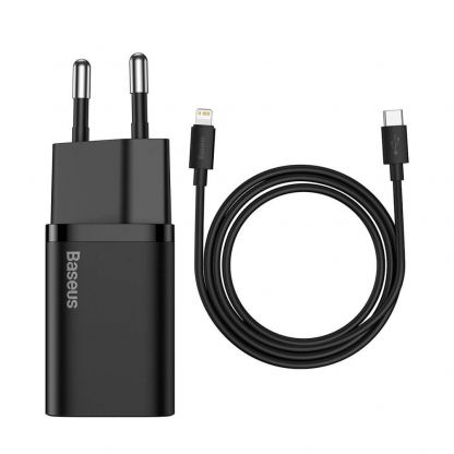Baseus Super Si USB-C PD Wall Charger 20W (TZCCSUP-B01) - захранване за ел. мрежа с USB-C изход с технология за бързо зареждане и USB-C към Lightning кабел (черен)
