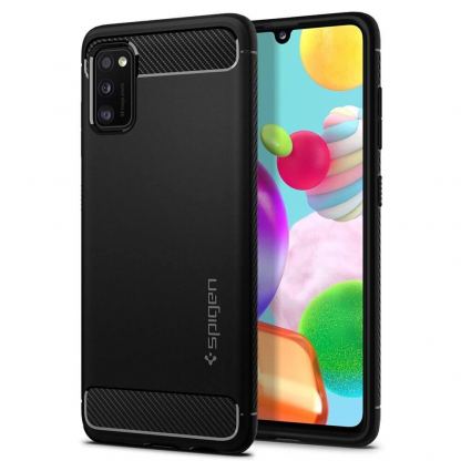 Spigen Rugged Armor Case - тънък качествен силиконов (TPU) калъф за Samsung Galaxy A41 (черен)
