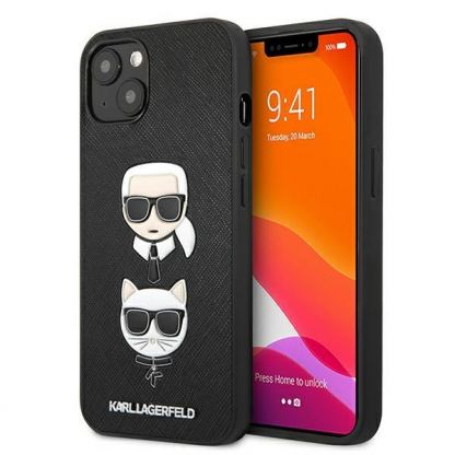 Karl Lagerfeld Karl & Choupette Saffiano Leather Case - дизайнерски кожен кейс за iPhone 13 mini (черен)
