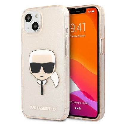 Karl Lagerfeld Glitter Karl Head Silicone Case - дизайнерски силиконов кейс за iPhone 13 (златист)