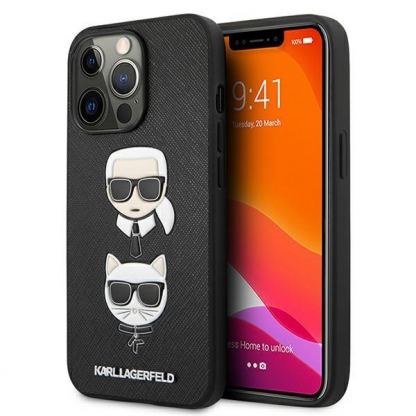 Karl Lagerfeld Karl & Choupette Saffiano Leather Case - дизайнерски кожен кейс за iPhone 13 Pro (черен) 