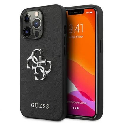 Guess Saffiano 4G Metal Logo Leather Hard Case - дизайнерски кожен кейс за iPhone 13 Pro Max (черен)