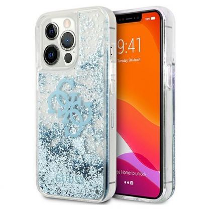 Guess Liquid Big Liquid Glitter Case - дизайнерски кейс с висока защита за iPhone 13 Pro Max (син)