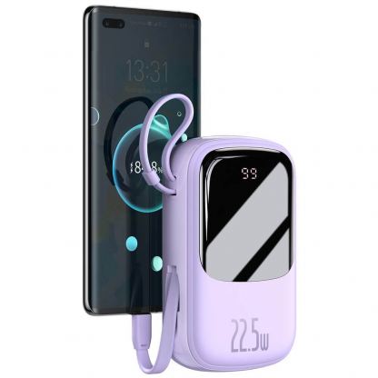 Baseus Qpow Digital Display Power bank with USB-C cable 22.5W (PPQD-I05) - външна батерия 20000 mAh с вграден USB-C кабел и USB-C, USB-A и Lightning изходи (лилав)