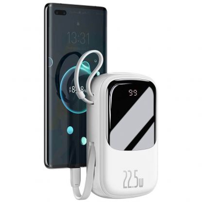 Baseus Qpow Digital Display Power bank with USB-C cable 22.5W (PPQD-I02) - външна батерия 20000 mAh с вграден USB-C кабел и USB-C, USB-A и Lightning изходи (бял)