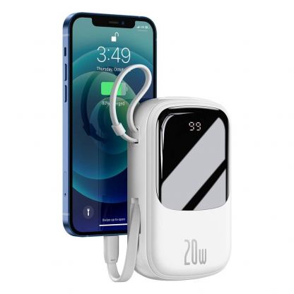 Baseus Qpow Digital Display Power bank with Lightning cable 20W (PPQD-H02) - външна батерия 20000 mAh с вграден Ligtning кабел и USB-C, USB-A и Lightning изходи (бял)