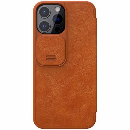 Nillkin Qin Book Pro Leather Flip Case - кожен калъф, тип портфейл за iPhone 13 Pro Max (кафяв)