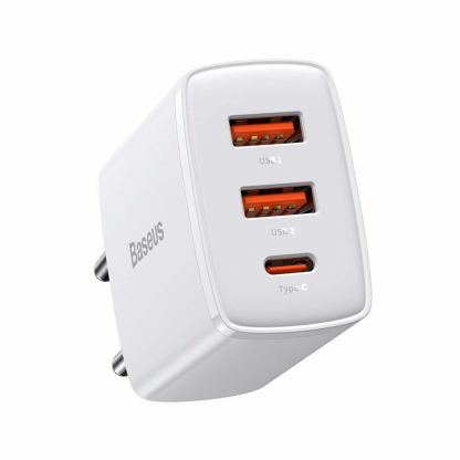 Baseus Compact Quick Wall Charger 30W (CCXJ-E02) - захранване за ел. мрежа с 2хUSB-A и USB-C изходи и технология за бързо зареждане (бял)