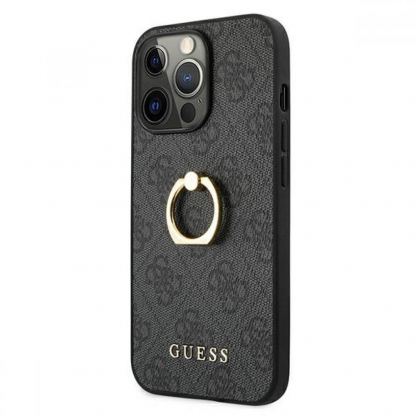 Guess Hard Case 4G With Ring Stand - дизайнерски кожен кейс с пръстен против изпускане за iPhone 13 Pro Max (черен)