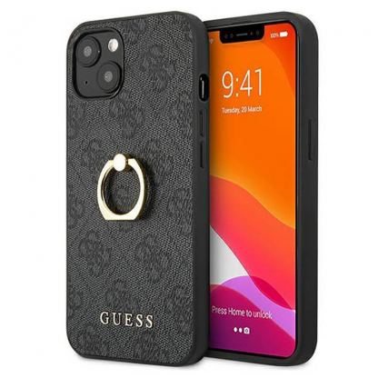 Guess Hard Case 4G With Ring Stand - дизайнерски кожен кейс с пръстен против изпускане за iPhone 13 (черен)