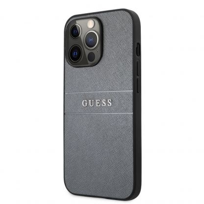Guess Saffiano PU Leather Hard Case - дизайнерски кожен кейс за iPhone 13 Pro (сив)