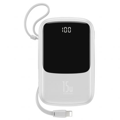 Baseus Qpow Digital Display Power bank with Lightning cable 15W 10000mAh (PPQD-B02) - външна батерия 10000 mAh с вграден Lightning кабел и USB-C, USB-A и Lightning портове (бял)