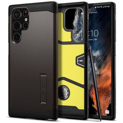 Spigen Tough Armor Case - хибриден кейс с най-висока степен на защита за Samsung Galaxy S22 Ultra (сив)