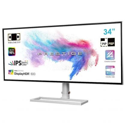 MSI Prestige UltraHD 5K2K WUHD IPS Monitor (34 in.) - 34 инчов професионален монитор с USB-C и поддръжка на 5K WUHD (бял)