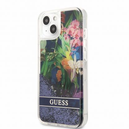 Guess Liquid Glitter Flower Case - дизайнерски кейс с висока защита за iPhone 13 mini (син)
