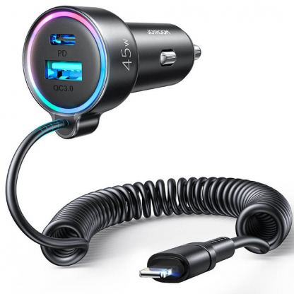 Joyroom 3 in 1 Fast Car Charger With Lightning Cable 45W - зарядно за кола с вграден Lightning кабел и USB-A и USB-C изходи (черен)