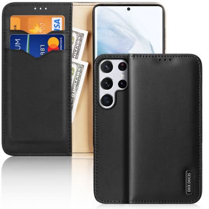 Dux Ducis Hivo Genuine Leather Flip Wallet Case - кожен калъф от естествена кожа с поставка и отделение за кр. карти за Samsung Galaxy S22 Ultra (черен)