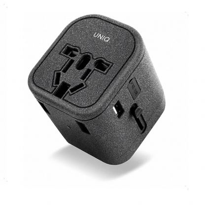 Uniq Voyage All in One World Travel Adapter - захранване с един USB-C и три USB изхода и преходници за цял свят в едно устройство за мобилни устройства (сив)