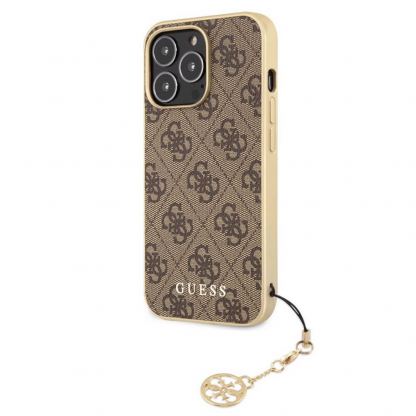 Guess 4G Charms Collection Hard Case - дизайнерски кожен кейс за iPhone 13 Pro (кафяв)