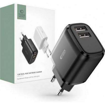 Tech-Protect Wall Charger 12W - захранване за ел. мрежа с 2xUSB-A изхода за зареждане на мобилни устройства (черен)