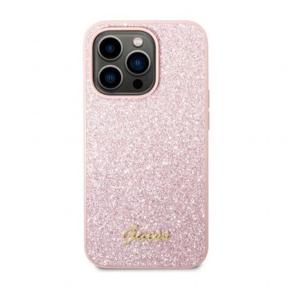 Guess Glitter Flakes Metal Logo - хибриден удароустойчив кейс за iPhone 14 Pro Max (розов)
