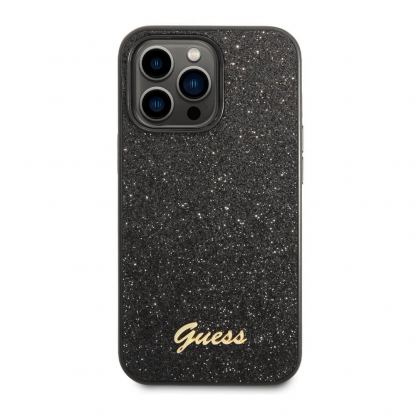 Guess Glitter Flakes Metal Logo - хибриден удароустойчив кейс за iPhone 14 Pro (черен)
