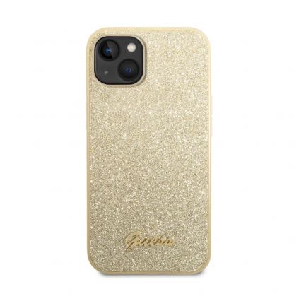 Guess Glitter Flakes Metal Logo - хибриден удароустойчив кейс за iPhone 14 Plus (златист)