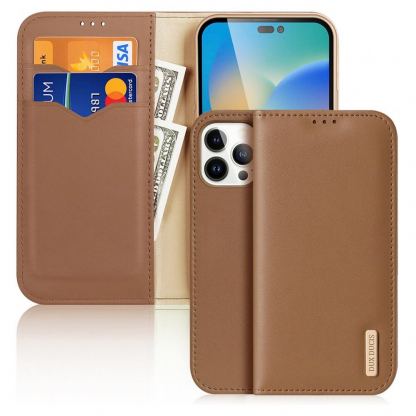 Dux Ducis Hivo Genuine Leather Flip Wallet Case - кожен калъф от естествена кожа с поставка и отделение за кр. карти за iPhone 14 Pro Max (кафяв)