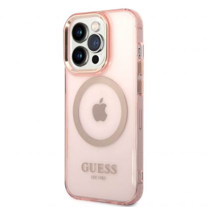 Guess Translucent MagSafe Case - хибриден удароустойчив кейс с MagSafe за iPhone 14 Pro (розов-прозрачен)