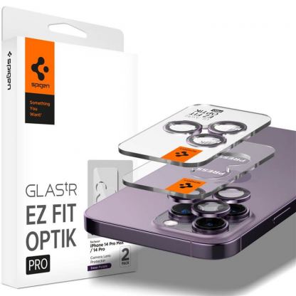 Spigen Optik Pro tR Ez Fit Lens Protector - 2 комплекта предпазни стъклени лещи за камерата на iPhone 14 Pro, iPhone 14 Pro Max (лилав)