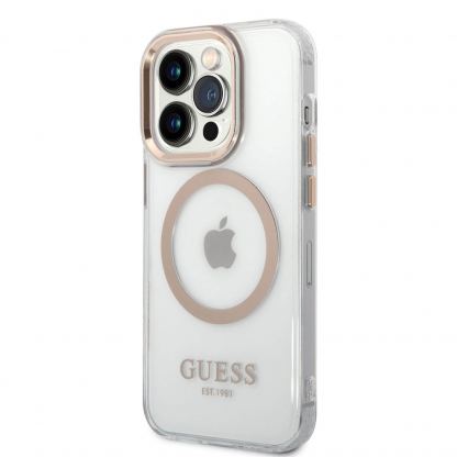 Guess Translucent MagSafe Case - хибриден удароустойчив кейс с MagSafe за iPhone 14 Pro (прозрачен-златист)