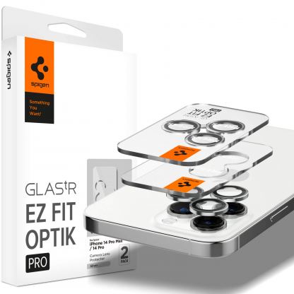 Spigen Optik Pro tR Ez Fit Lens Protector - 2 комплекта предпазни стъклени лещи за камерата на iPhone 14 Pro, iPhone 14 Pro Max (сребрист)