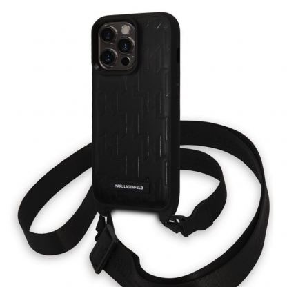 Karl Lagerfeld Monogram Crossbody Case - дизайнерски кожен кейс с връзка за носене за iPhone 14 Prо Max (черен)