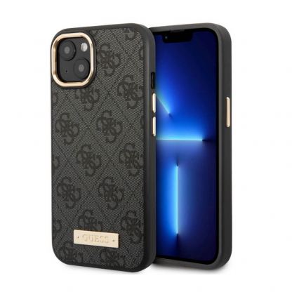 Guess PU 4G MagSafe Leather Hard Case - дизайнерски кожен кейс с MagSafe за iPhone 14 (черен)