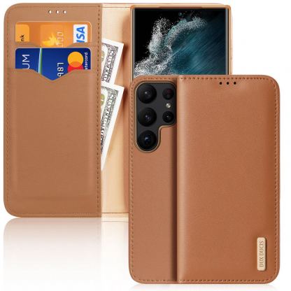 Dux Ducis Hivo Genuine Leather Flip Wallet Case - кожен калъф от естествена кожа с поставка и отделение за кр. карти за Samsung Galaxy S23 Ultra (кафяв)