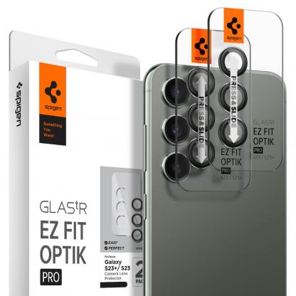 Spigen Optik Pro tR Ez Fit Lens Protector 2 Pack - 2 комплекта предпазни стъклени лещи за камерата на Samsung Galaxy S23, Galaxy S23 Plus (черен)